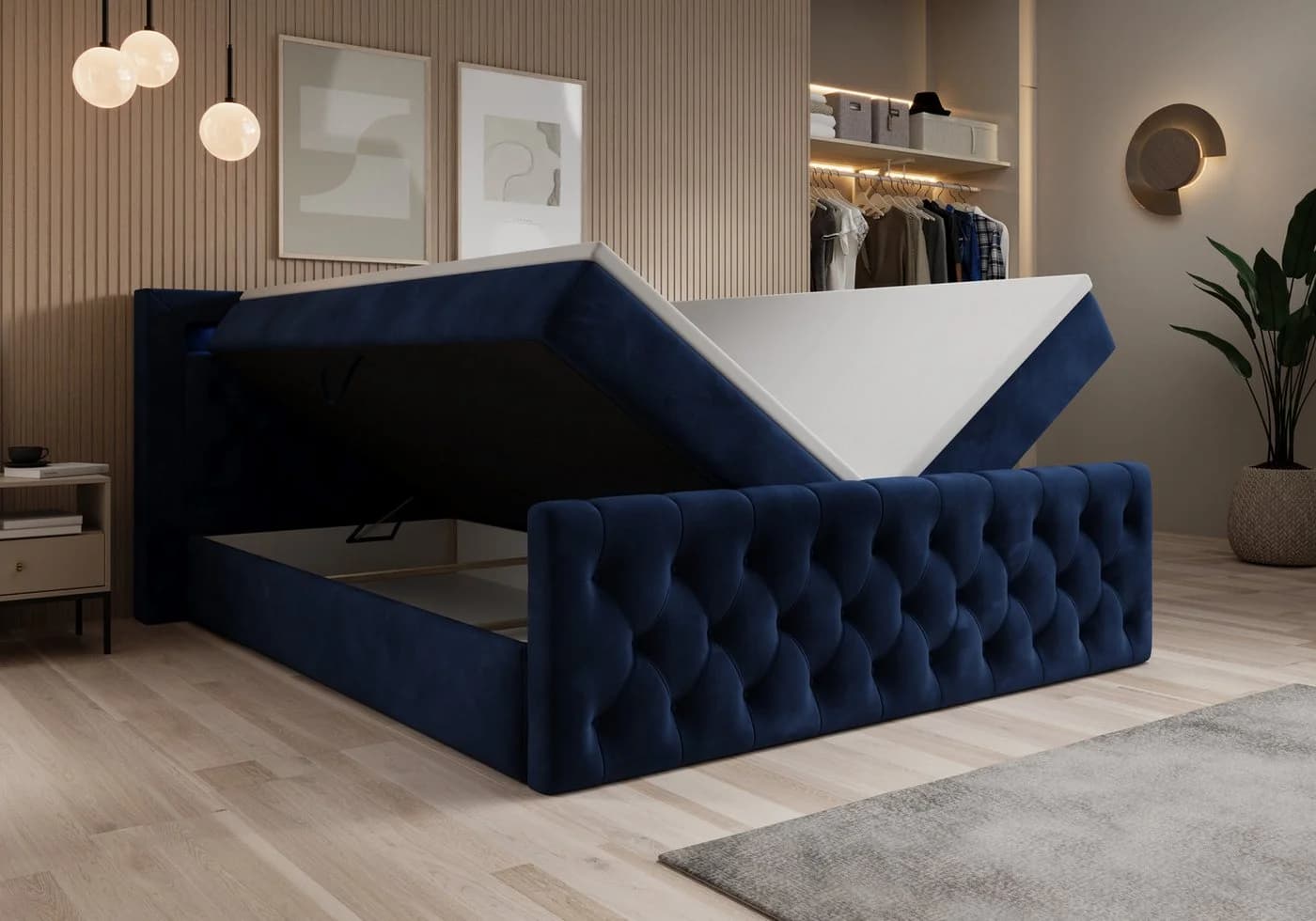 thematys Boxbett LED mit Bettkasten Velours/Bouclé