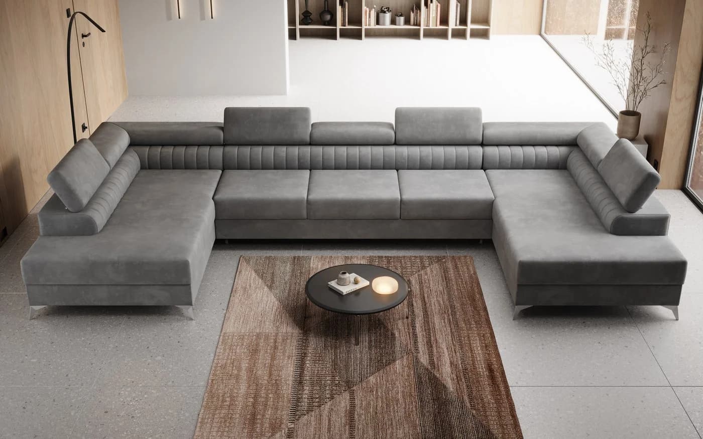 thematys Ecksofa FERMO U-Form Samt grau mit Schlaffunktion & Bettkasten