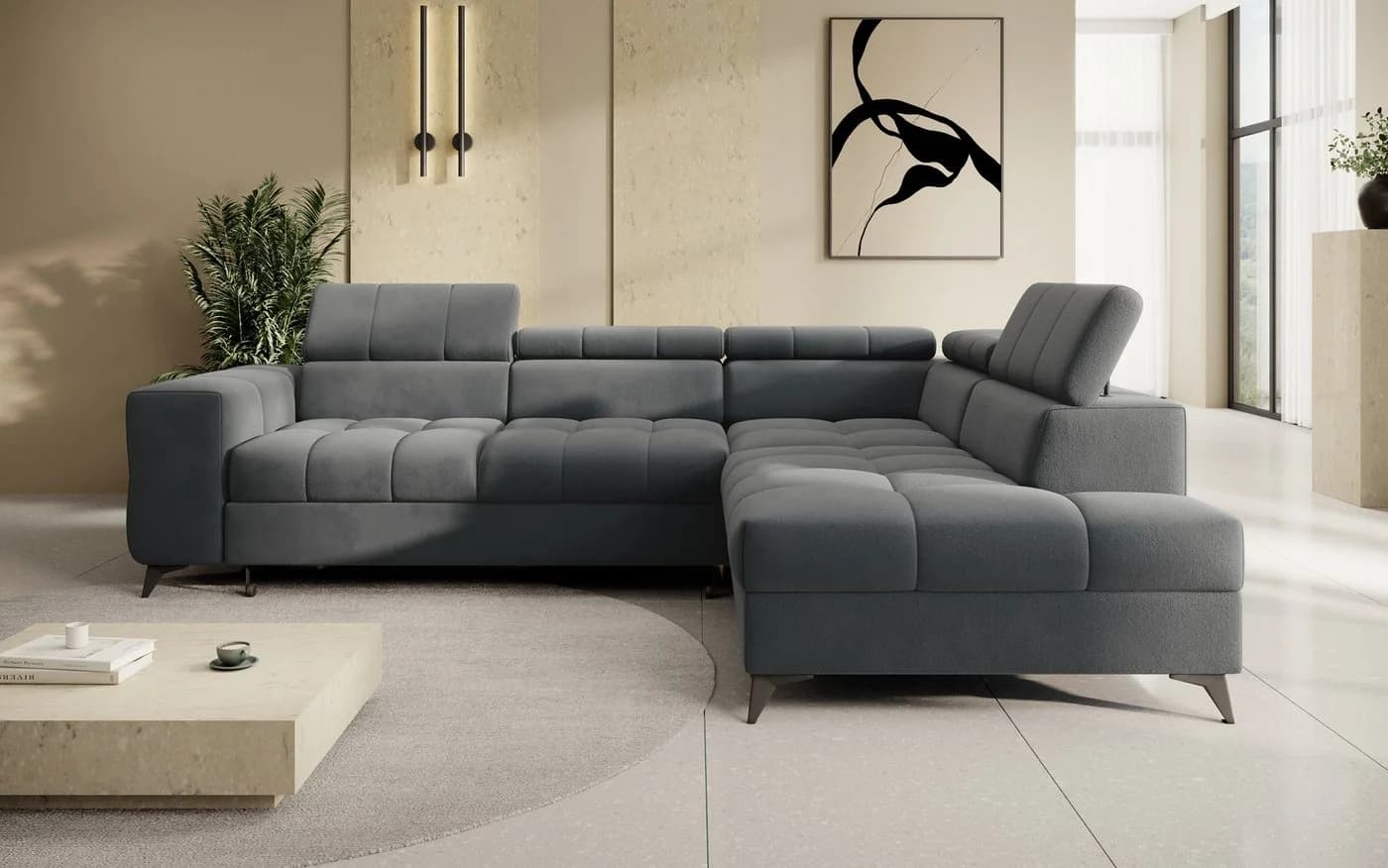 thematys Ecksofa SORANO L-Form mit Schlaffunktion & Bettkasten grau