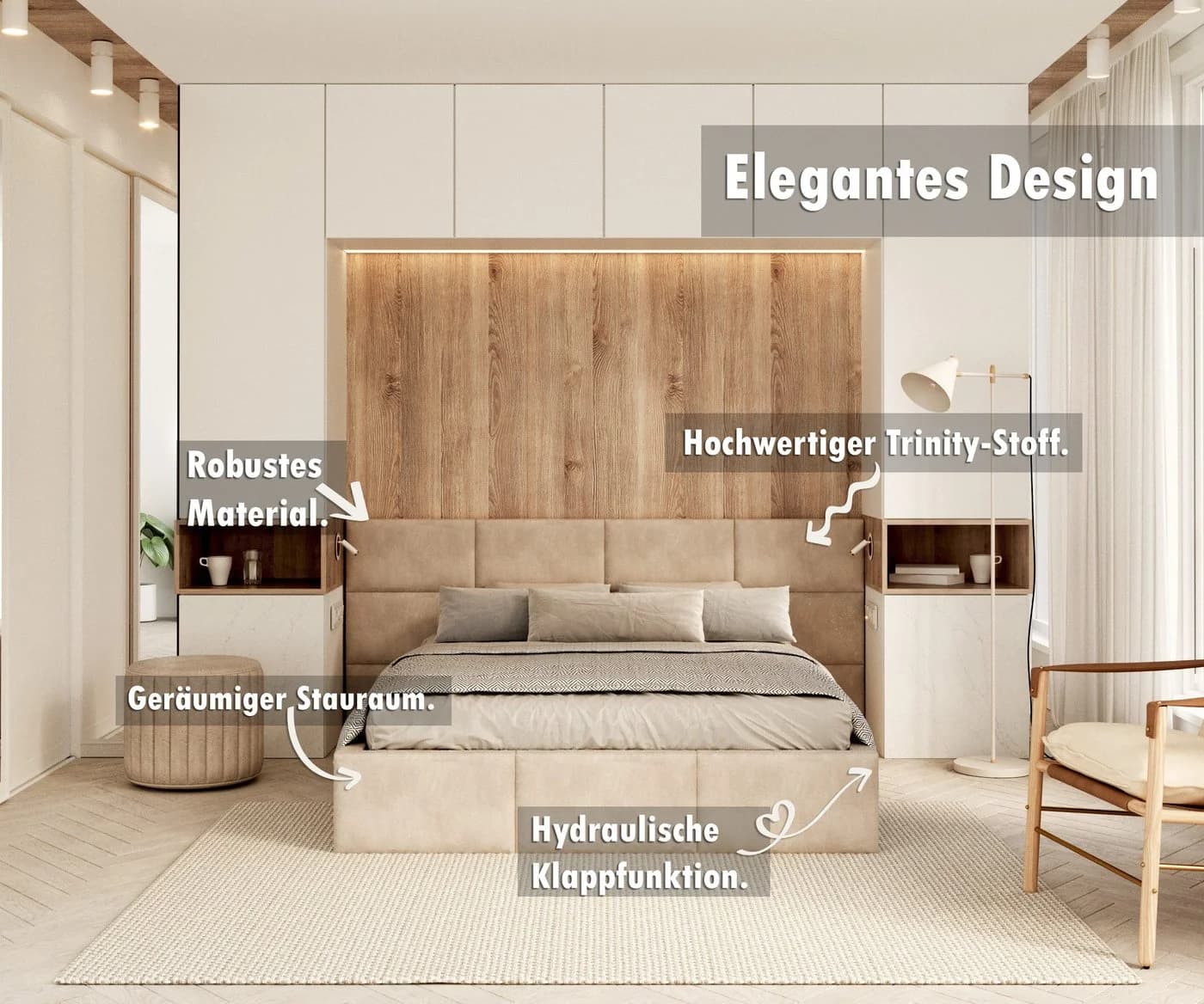 thematys Polsterbett DENVER mit Bettkasten & Wandpaneelen Beige Velours