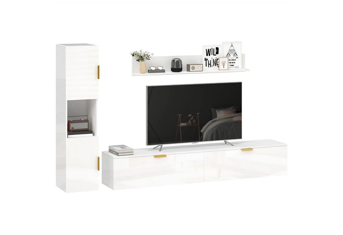 HOMCOM TV-Regal Set mit Schrank und Wandregal Hochglanz Weiß