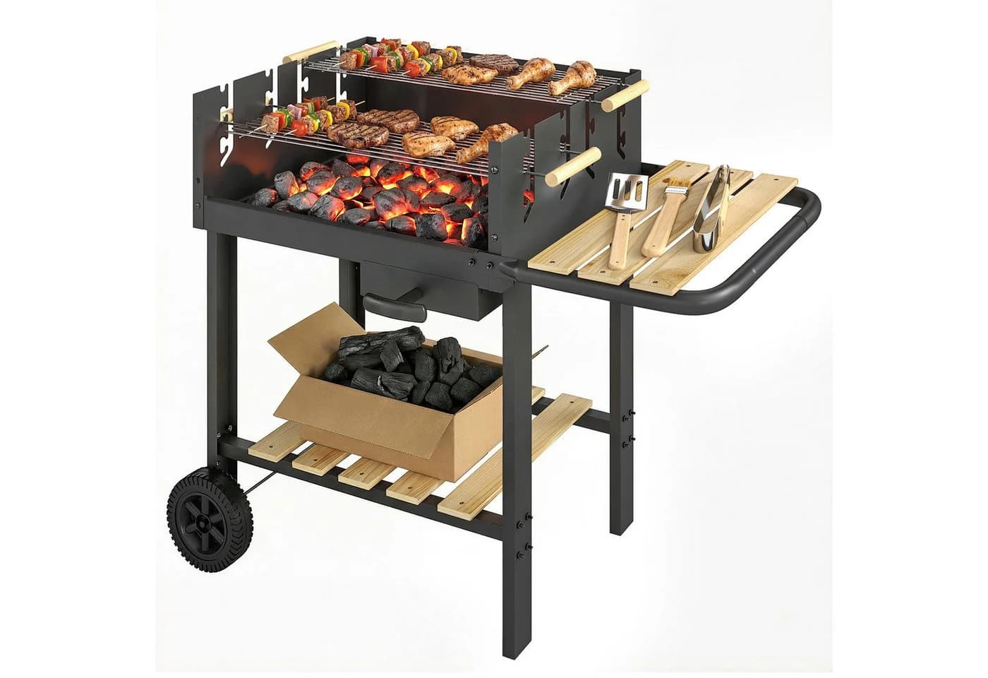 Outsunny Holzkohlegrill mit höhenverstellbarem Grillrost und Holzablagen