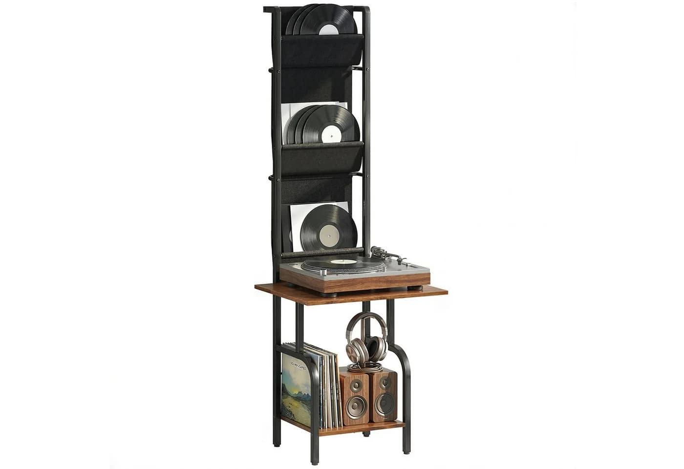 HOMCOM CD-Regal mit 3 Stofftaschen und Tischplatte, Industrial Design