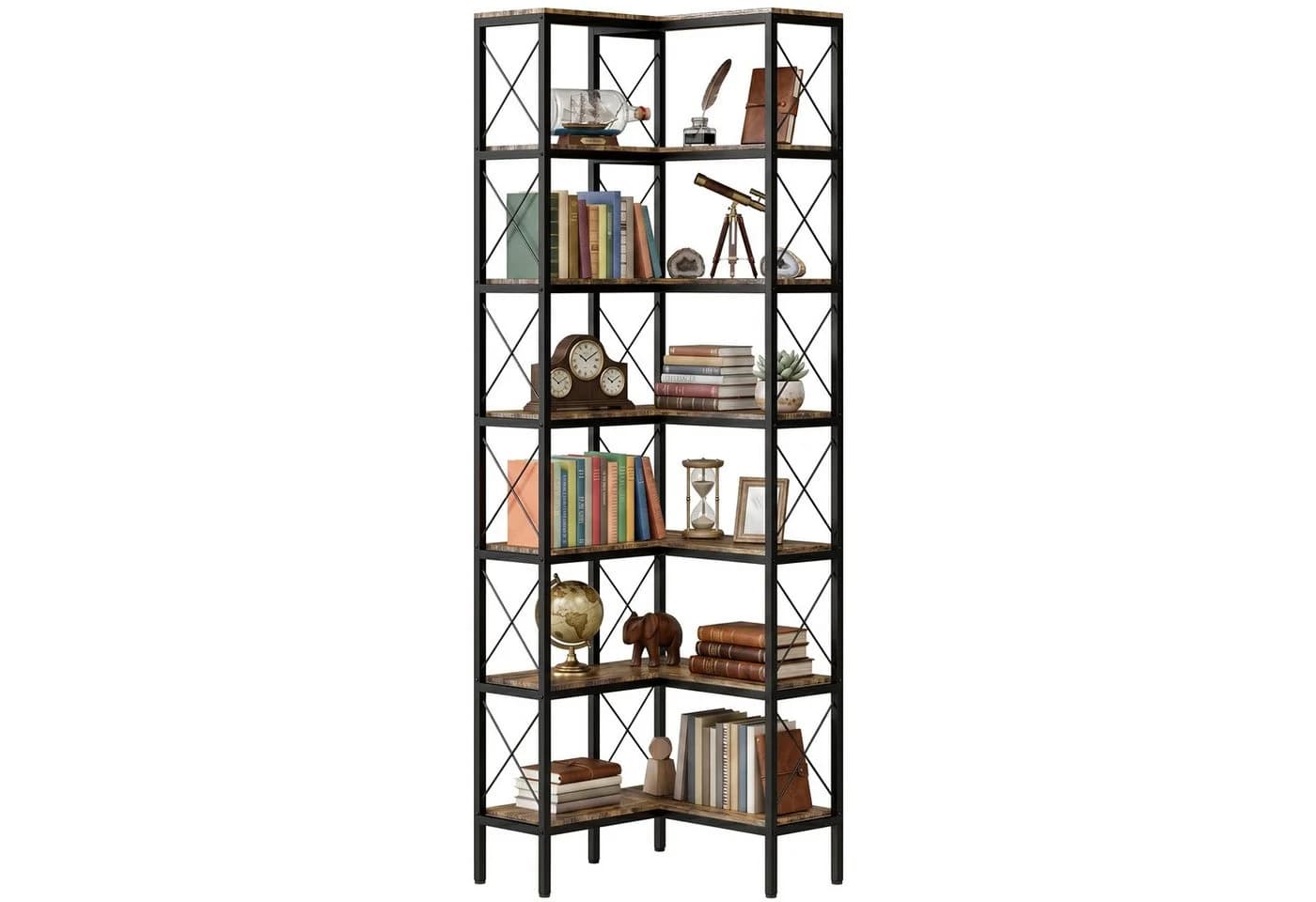 HOMCOM Bücherregal Eckregal 6 Ebenen Industrial Rustikal-Braun