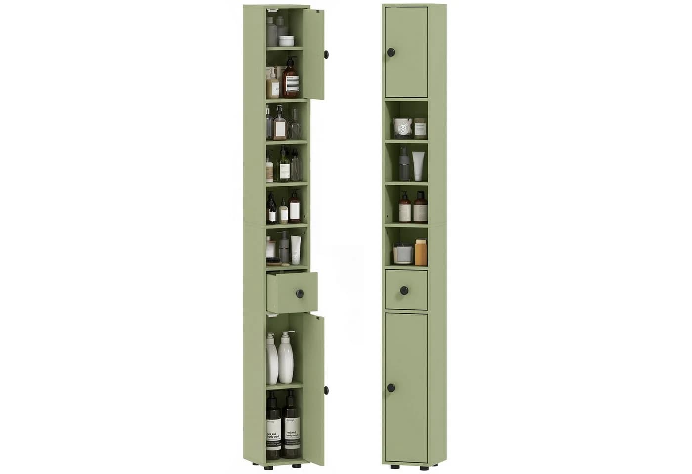 Kleankin Badhochschrank Grün mit Schublade & Verstellbaren Regalen