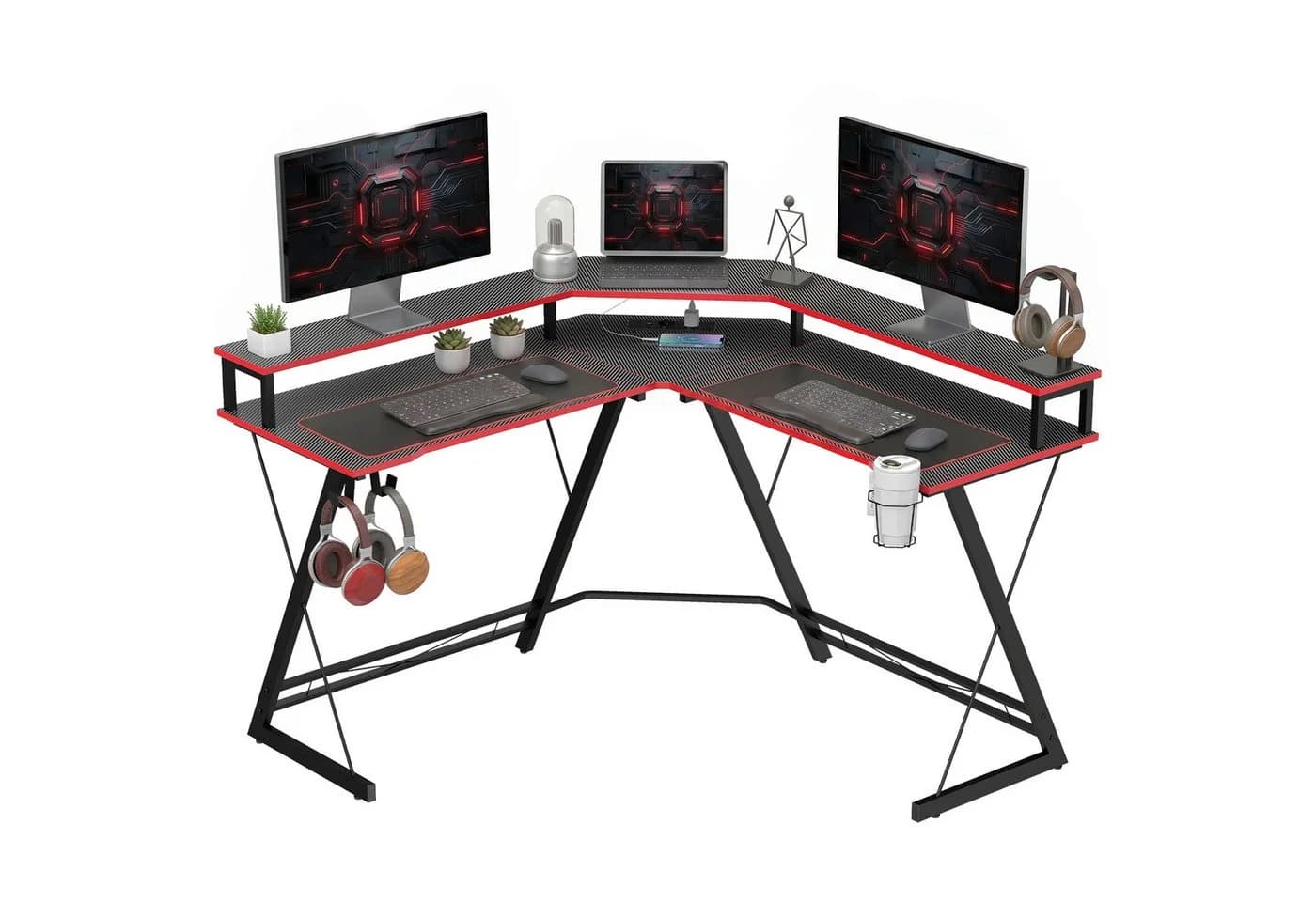 HOMCOM Eckschreibtisch Schwarz mit Steckdosen & USB