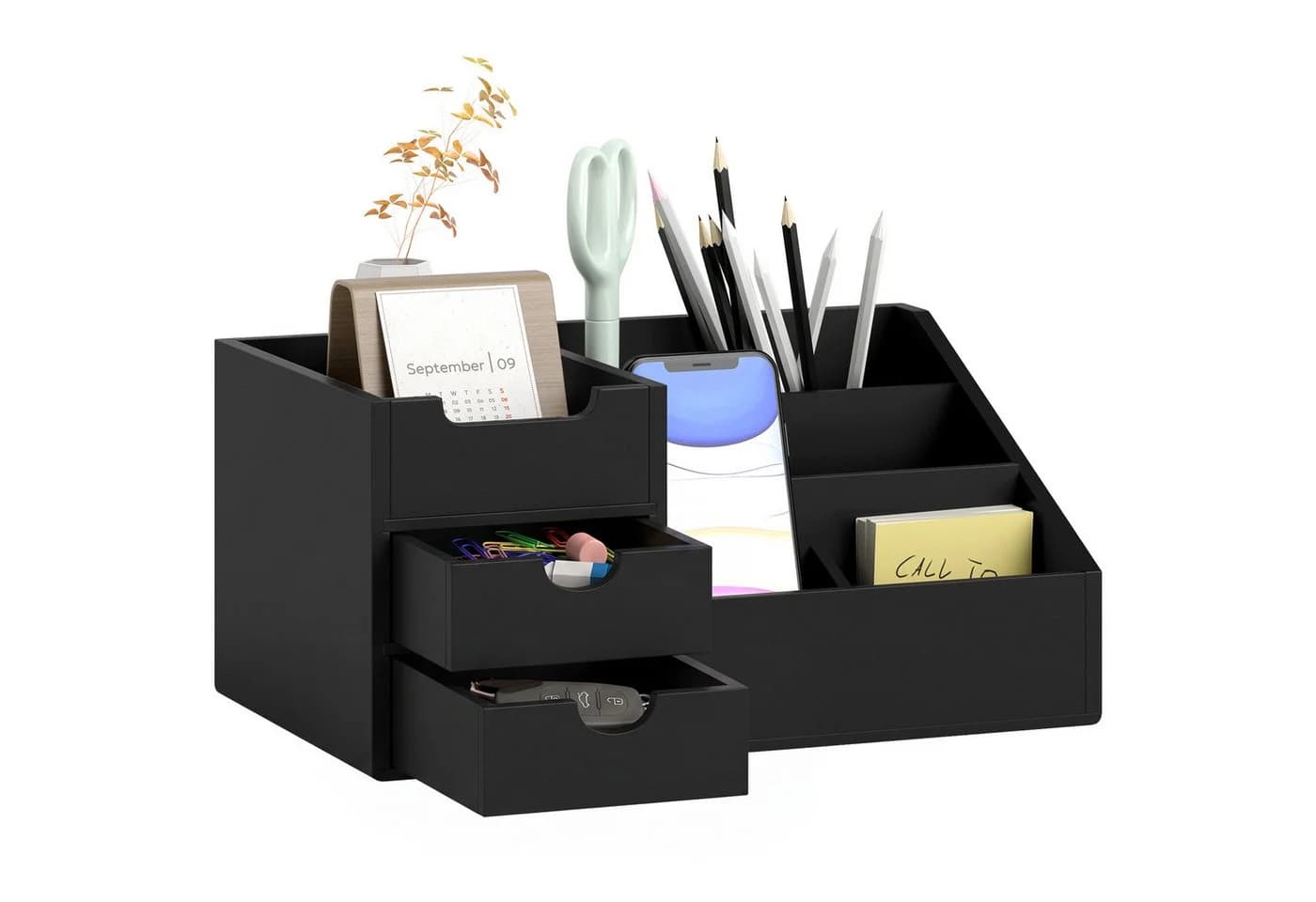 HOMCOM Schreibtischorganizer Schwarz mit 2 Schubladen und 7 Fächern