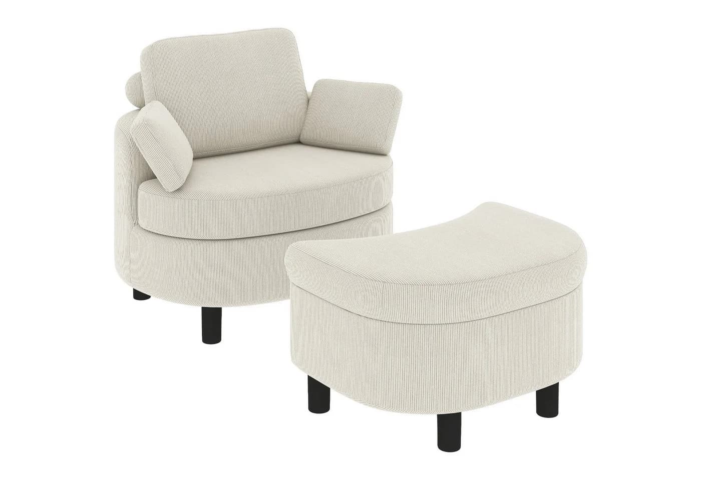 HOMCOM Loungesessel mit Stauraumhocker Cremeweiß