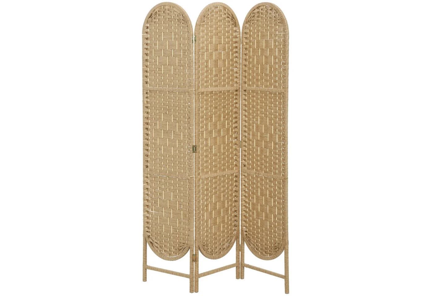 HOMCOM Paravent Freistehend 3-teilig Beige Papierseil Kiefernholz