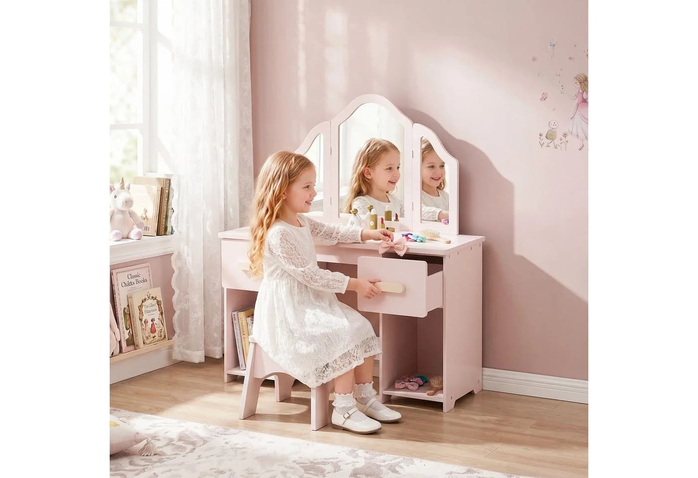 AIYAPLAY Kinderschminktisch Rosa mit 3-Fach-Spiegel, 2 Schubladen & 2 Schränken