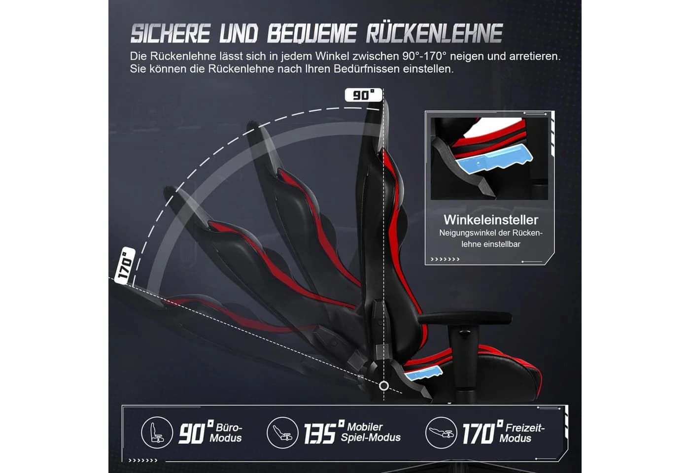 Adormii Gaming-Stuhl Ergonomisch mit Neigung 90-170°
