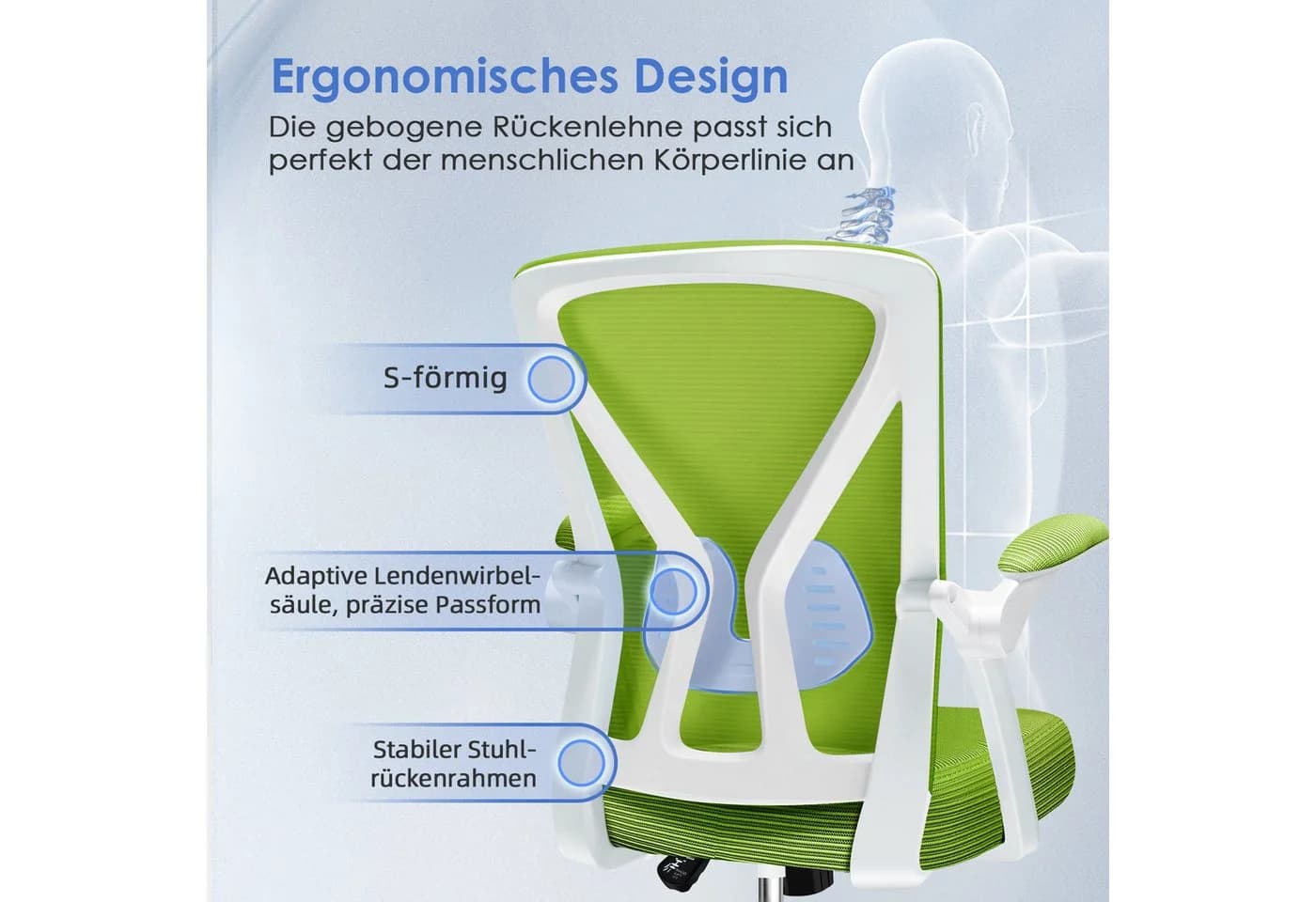 Adormii Ergonomischer Bürostuhl mit klappbaren Armlehnen und Wippfunktion