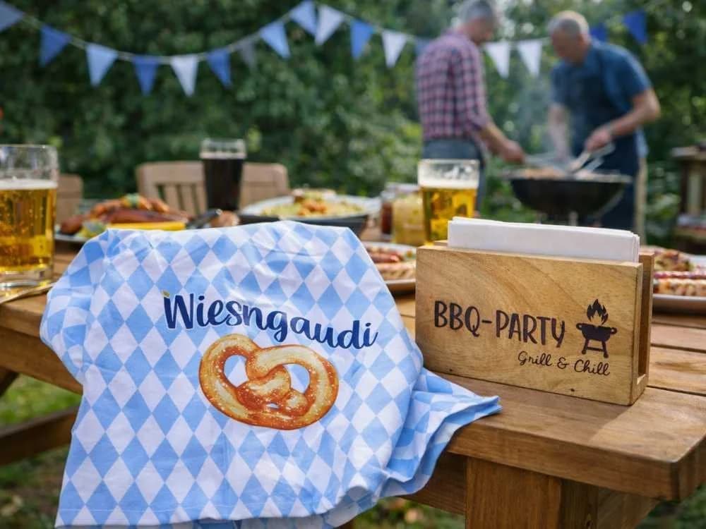 AltoBelli Geschirrtuch Oktoberfest Wiesngaudi Weiß Blau mit Brezel