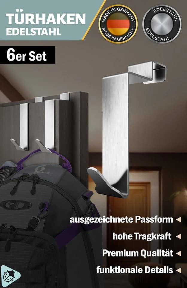 Lindenstein Türhaken Innenseite Premium 6er Set Silber