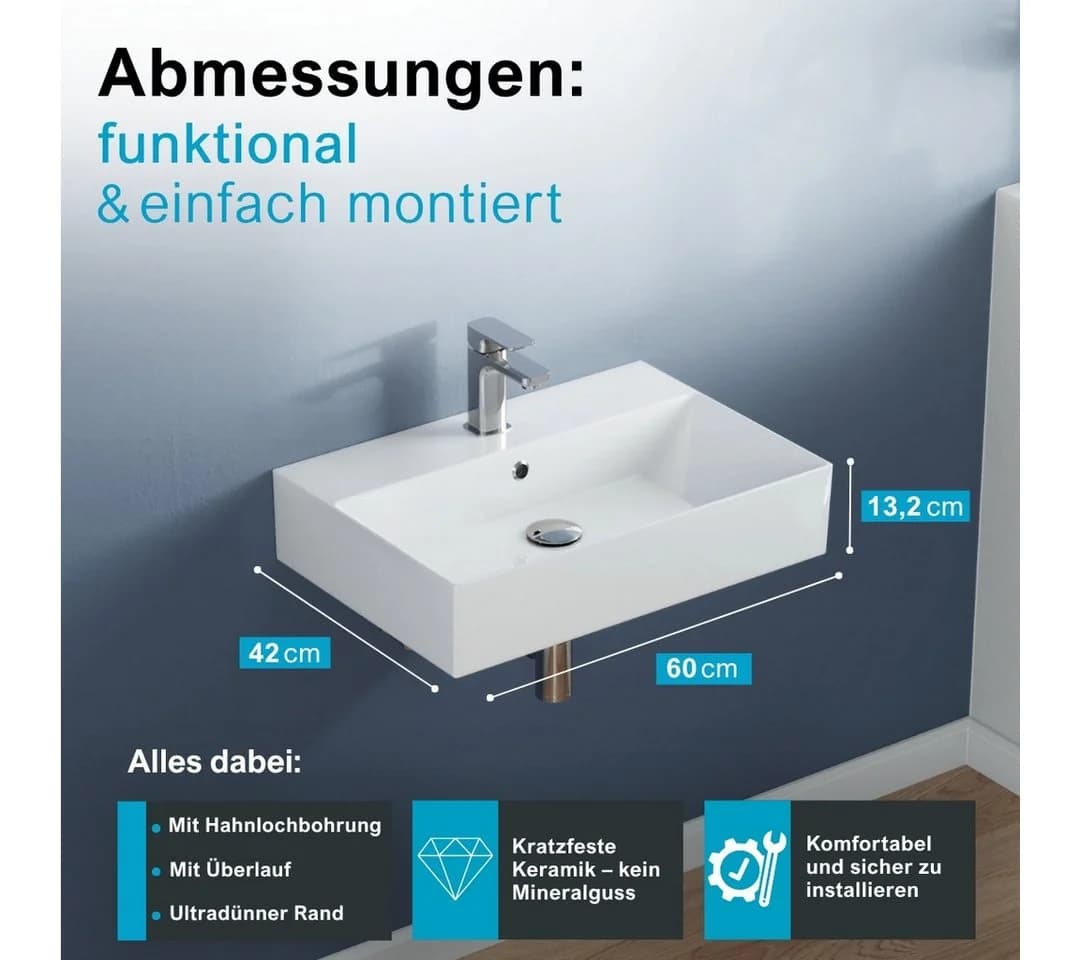 Aqua Bagno Aufsatzwaschbecken 60cm Weiß Keramik Wandhängend