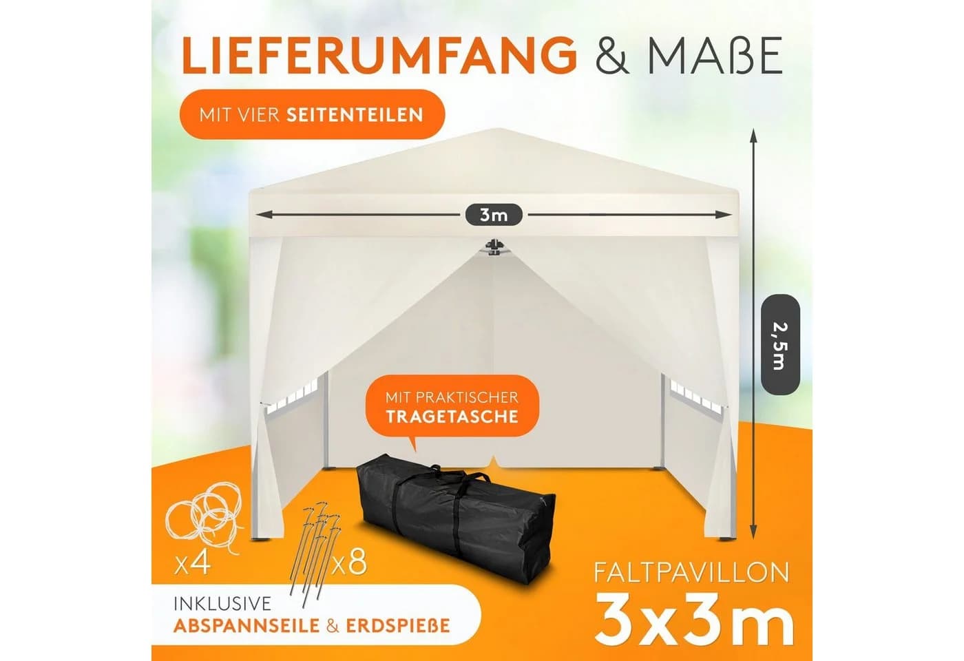 Kronenburg Faltpavillon 3x3 m wasserdicht mit 4 Seitenteilen