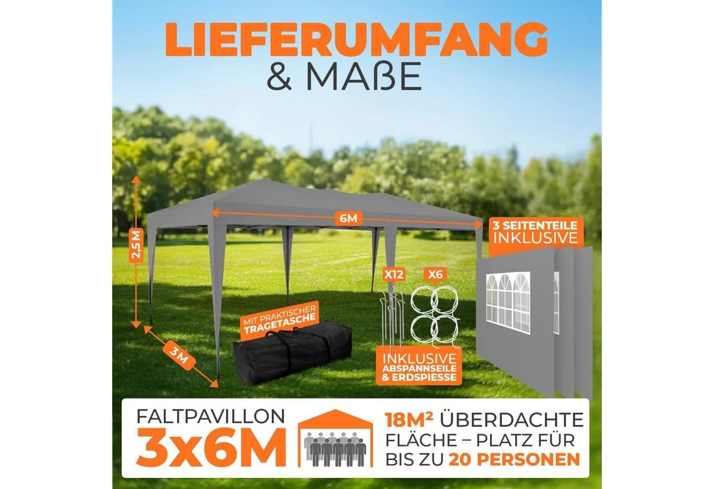 Kronenburg Partyzelt 3x6m Grau Faltpavillon wasserdicht