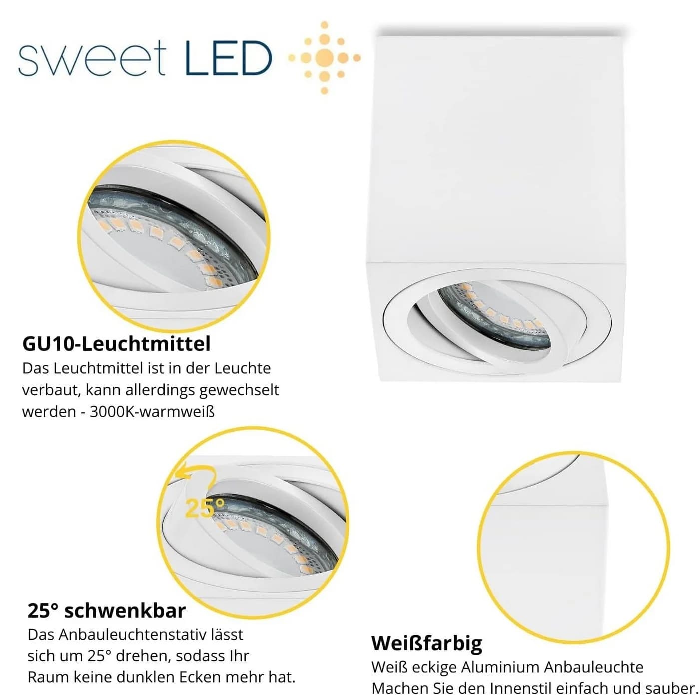 Sweet LED Deckenspots GU10 Aluminium Aufbauspot eckig 7W schwenkbar Warmweiß