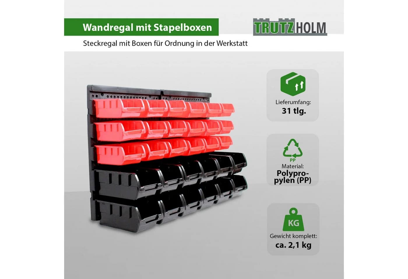 TRUTZHOLM Wandregal Stapelboxen 32-tlg. rot/schwarz Kleinteilemagazin