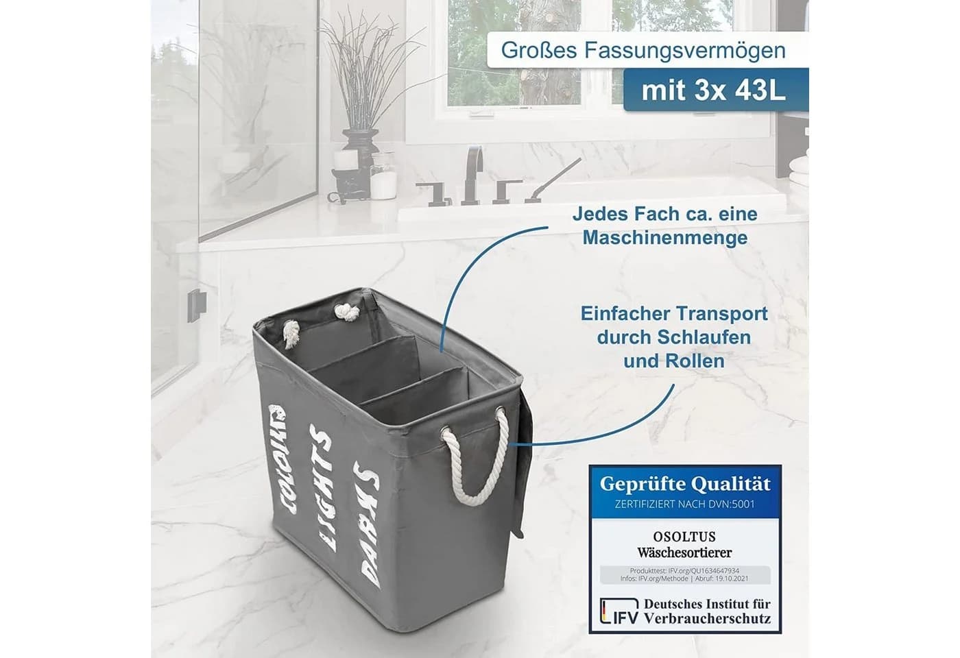 osoltus Wäschesortierer 3er Set auf Rollen Grau Polyester