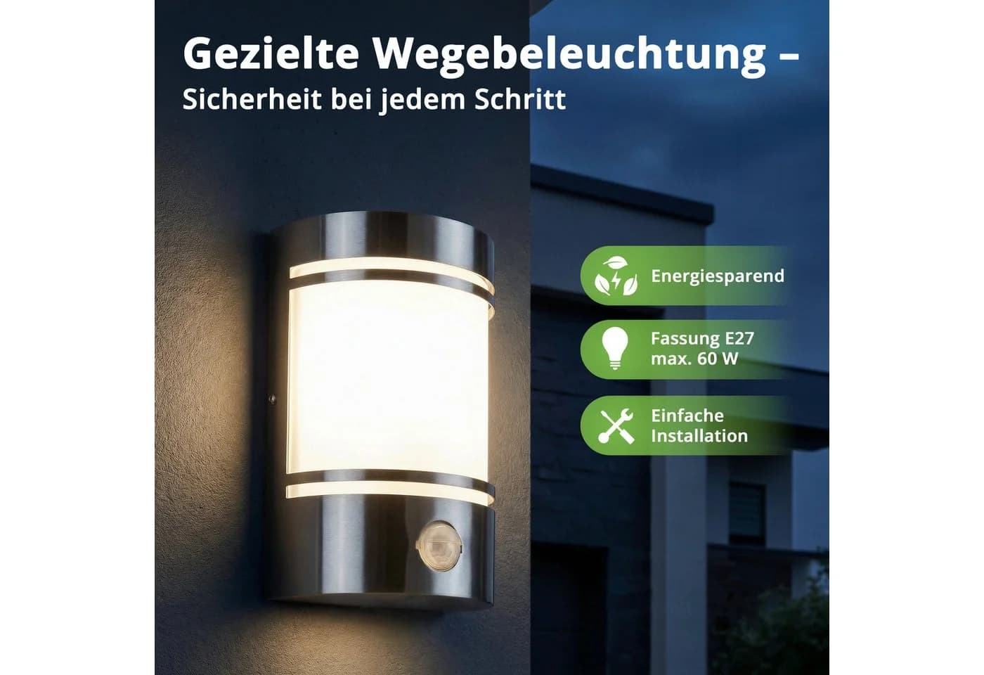 Grafner Außen-Wandleuchte Silber Edelstahl Bewegungsmelder