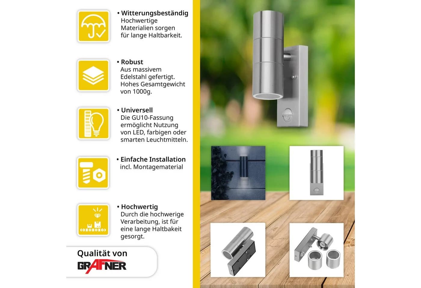 Grafner Außen-Wandleuchte Edelstahl mit Bewegungsmelder IP44