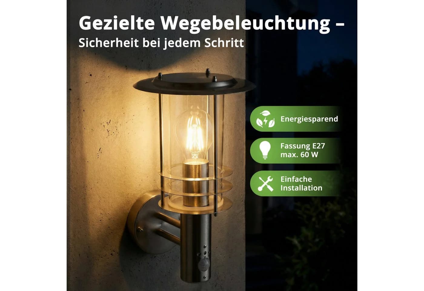 Grafner Außen-Wandleuchte Edelstahl mit Bewegungsmelder IP44