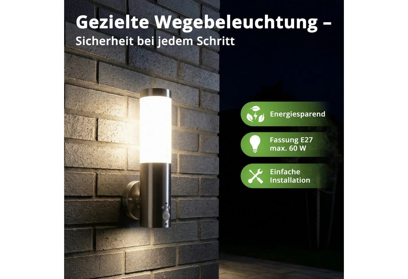 Grafner Außen-Wandleuchte Edelstahl mit Bewegungsmelder IP44