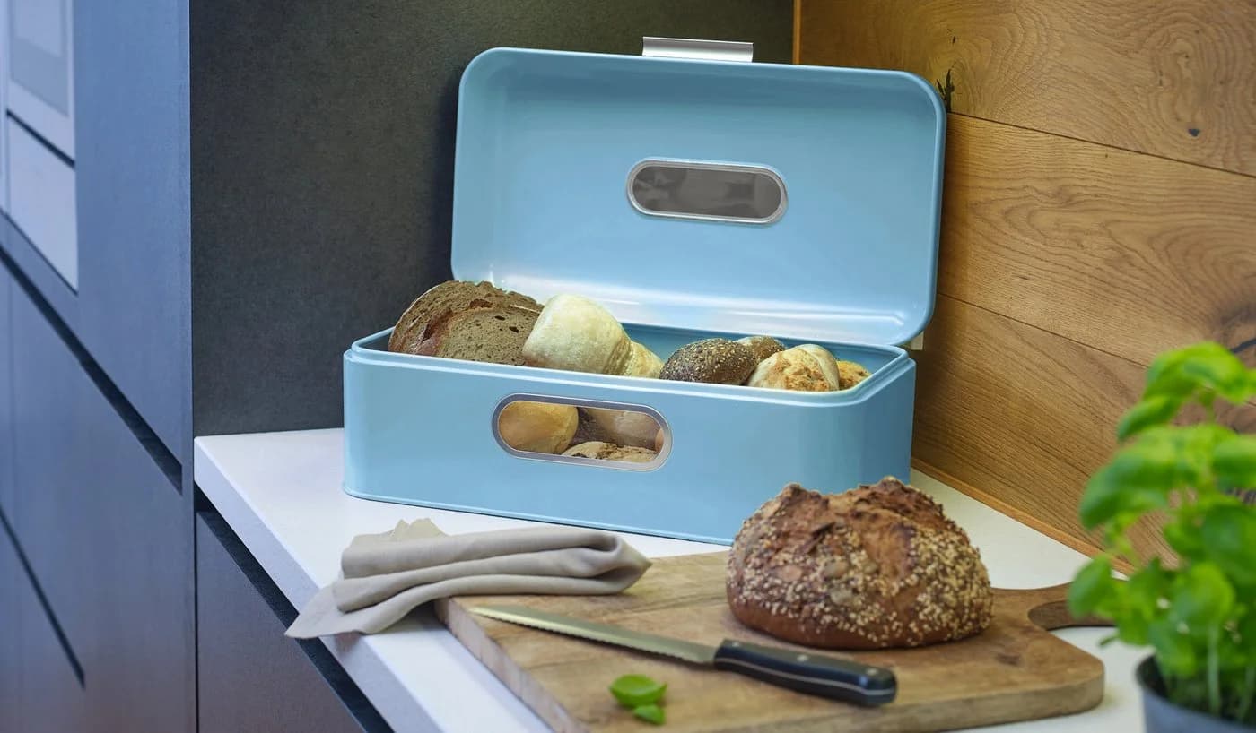 ECHTWERK Brotkasten Retro Metall Blau mit Sichtfenstern