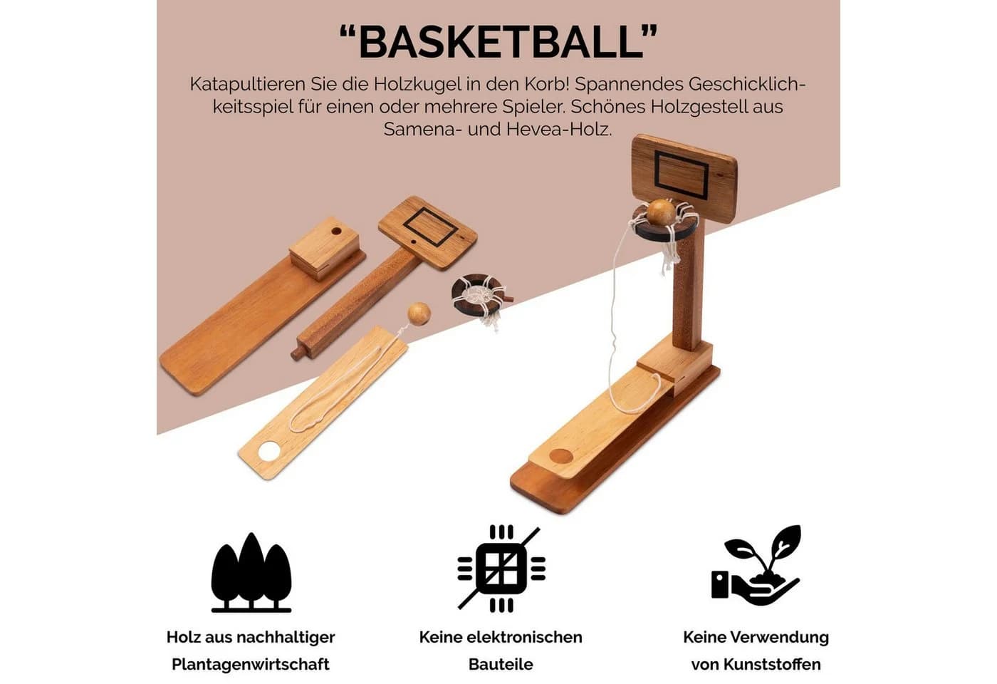 Logoplay Holzspiele Spiel, Basketball aus Holz – das Katapult-Spiel für flinke Finger und treffsichere Würfe