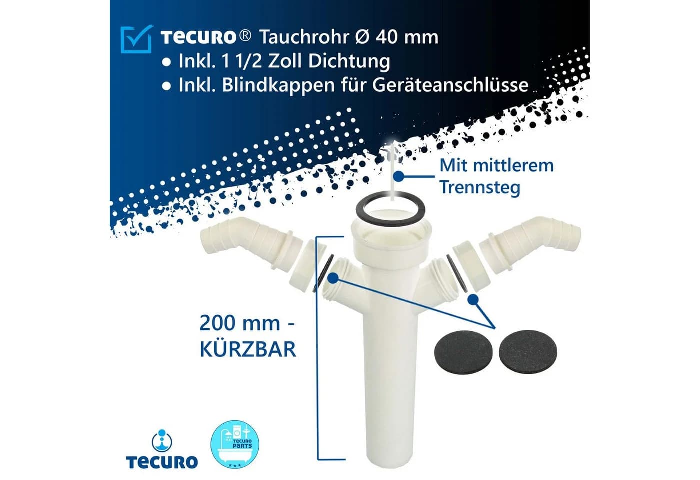 tecuro Tauchrohr Ø 40 mm mit 2 Geräteanschlüssen Weiß