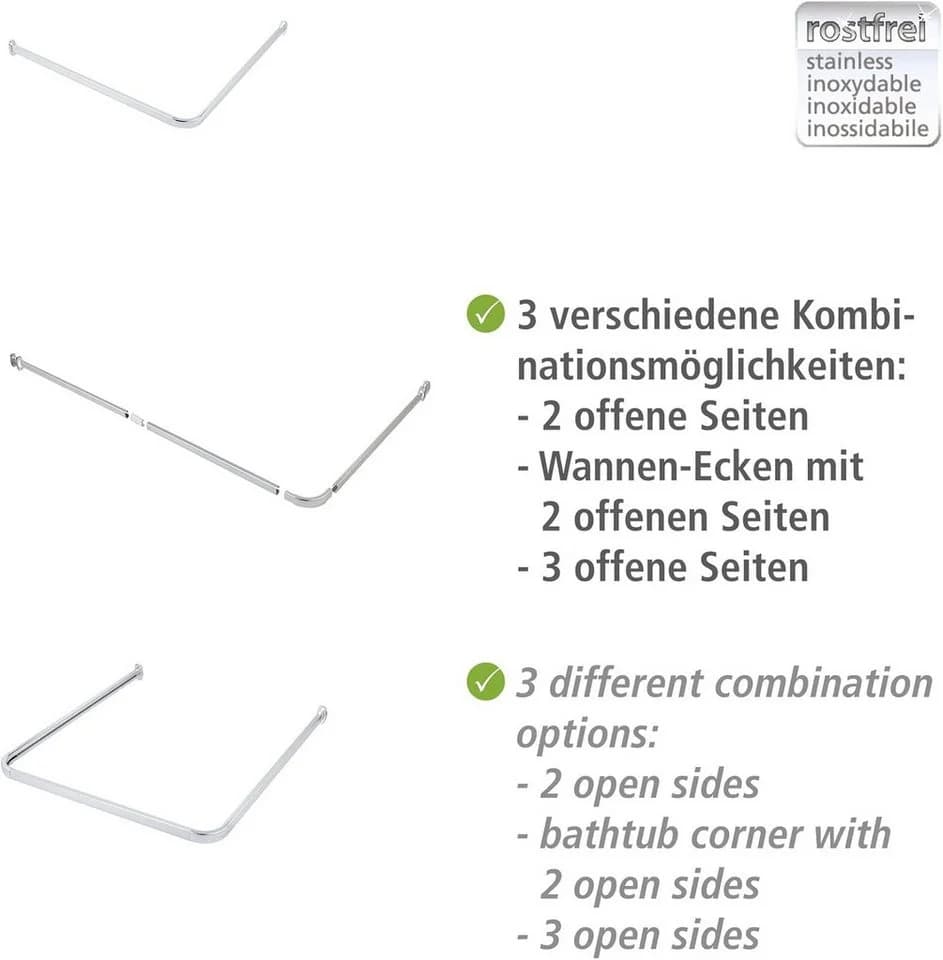 LikeKa Duschvorhangstange U-Form Silber mit Vorhang & Gleitern