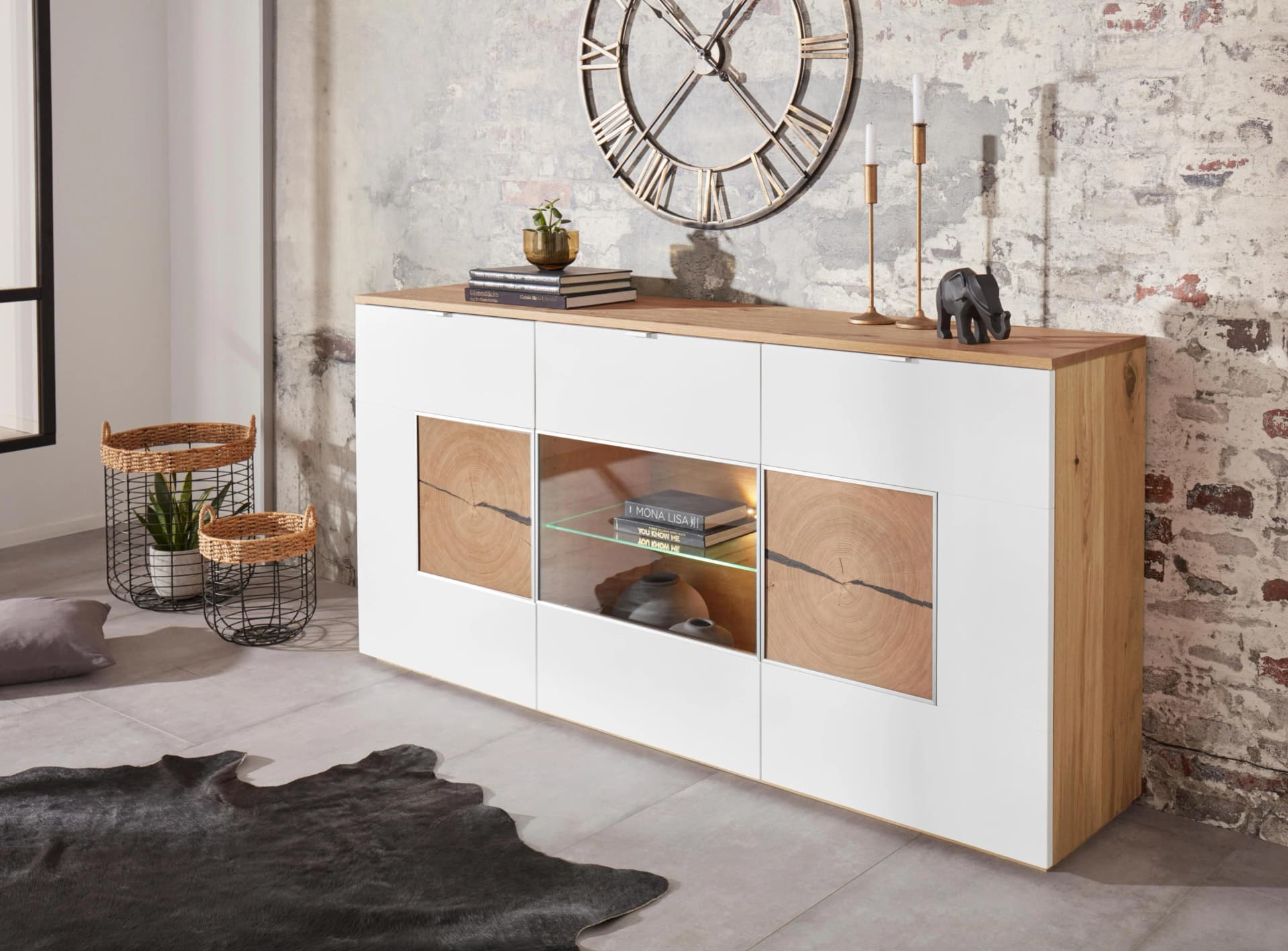 Sideboard VOGL MÖBELFABRIK Altholzeiche/weiß 180 cm mit Hirnholzelement