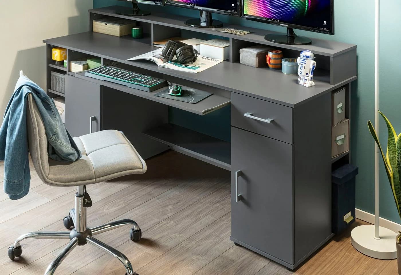 Schreibtisch VOGL MÖBELFABRIK Timra mit Monitoraufsatz, Tastaturauszug & Towerfach, Graphitgrau