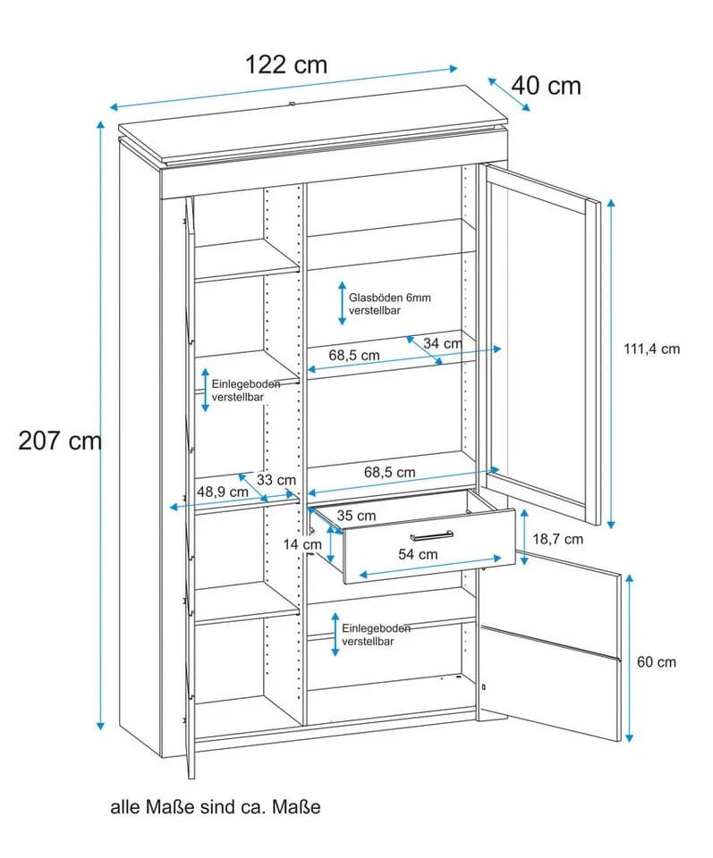 VOGL Vitrine Wildeiche Teilmassiv mit LED-Optik und Viel Stauraum