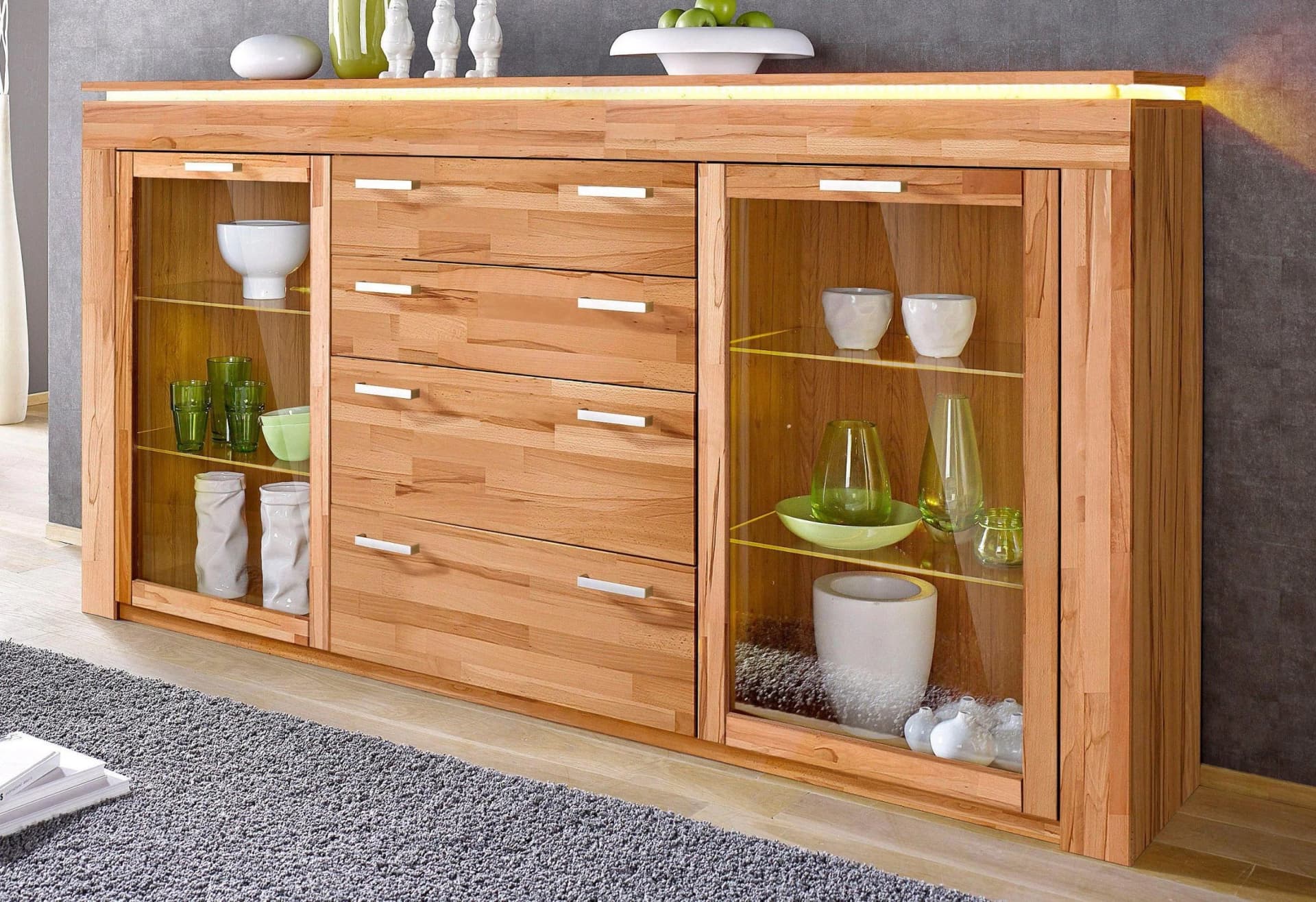 VOGL Highboard Kernbuche Teilmassiv mit Glastüren und Schubladen