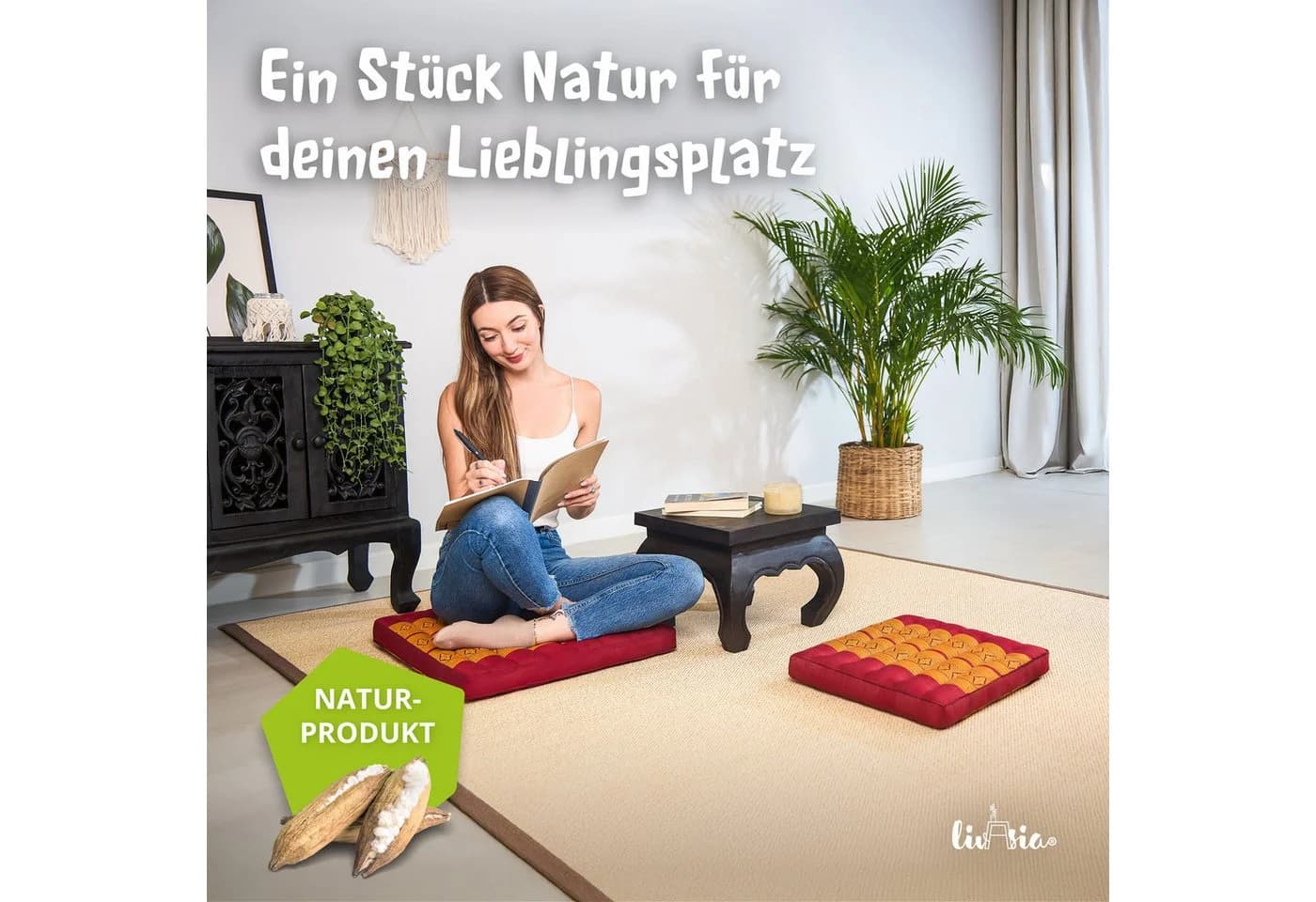 livasia Sitzkissen 35x35cm Rot/Gelb Kapok Füllung