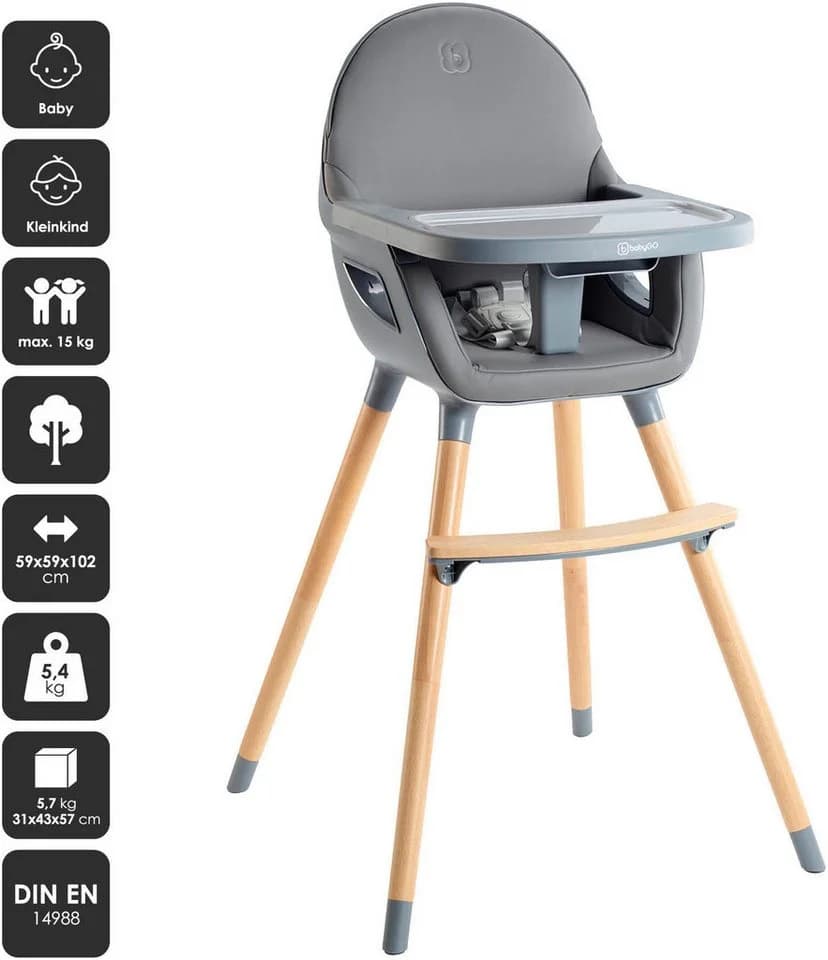 BabyGo Hochstuhl Scandi - wood Grau Skandinavisches Design
