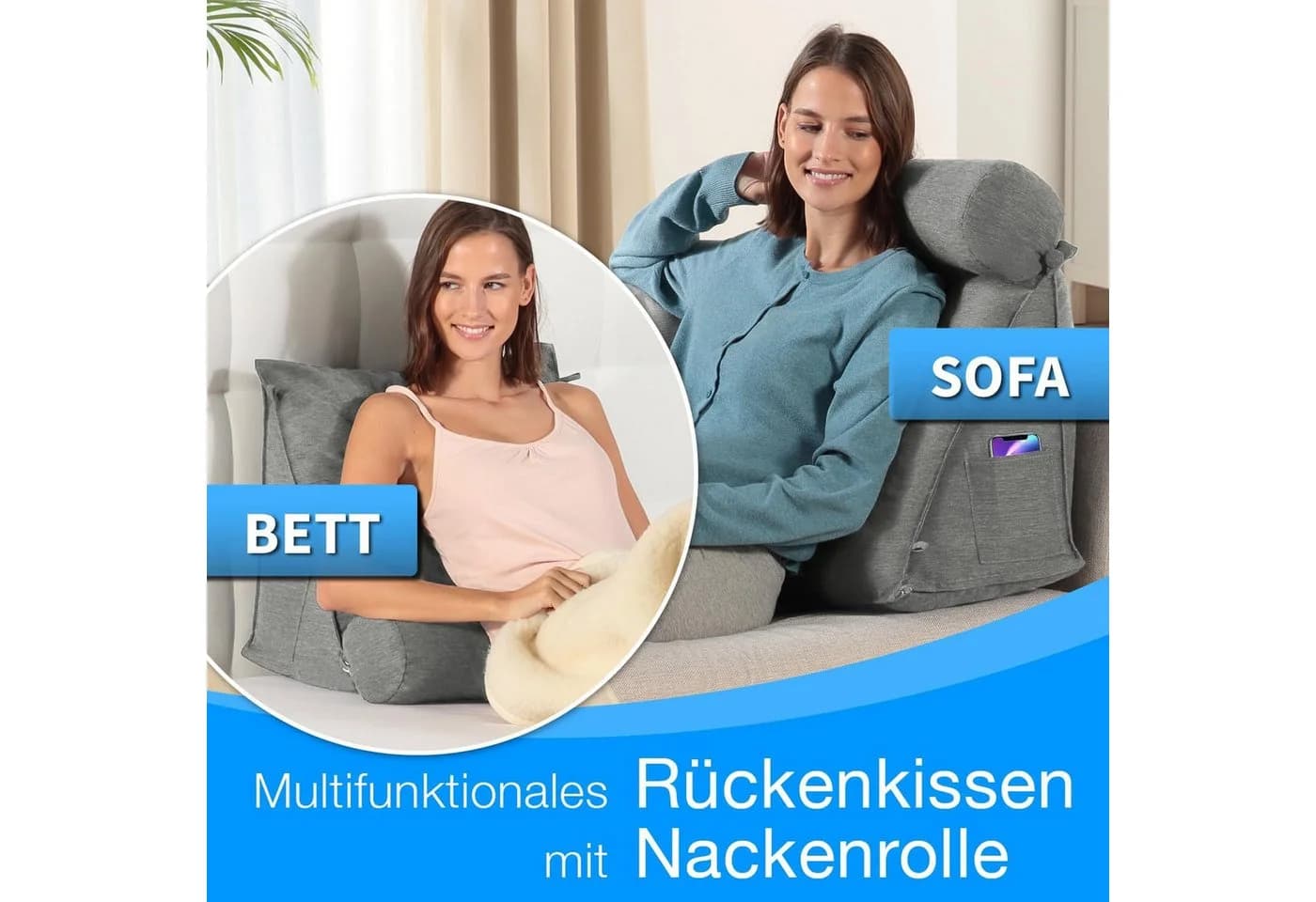 ELONEO Rückenkissen mit Nackenrolle Grau für Bett & Sofa