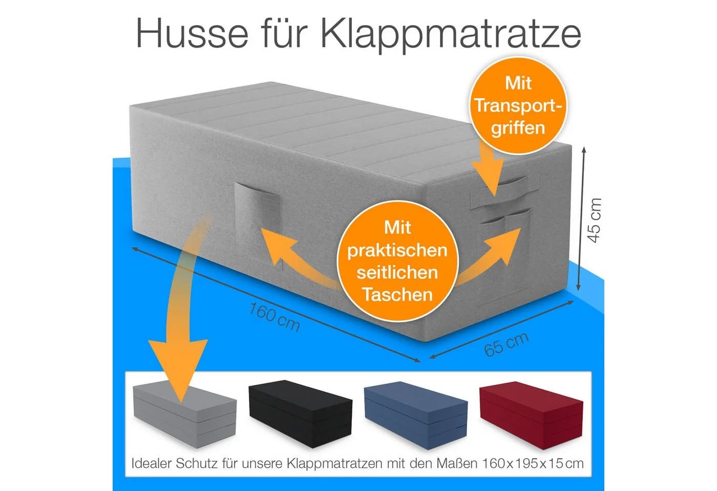 Husse für Klappmatratze Gästematratze 160x195x15 grau