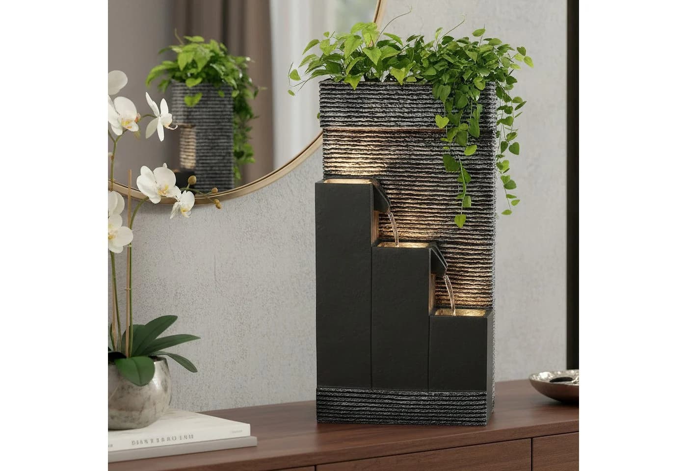 Arnusa Zimmerbrunnen BK845 mit LED-Beleuchtung Grau Polyresin
