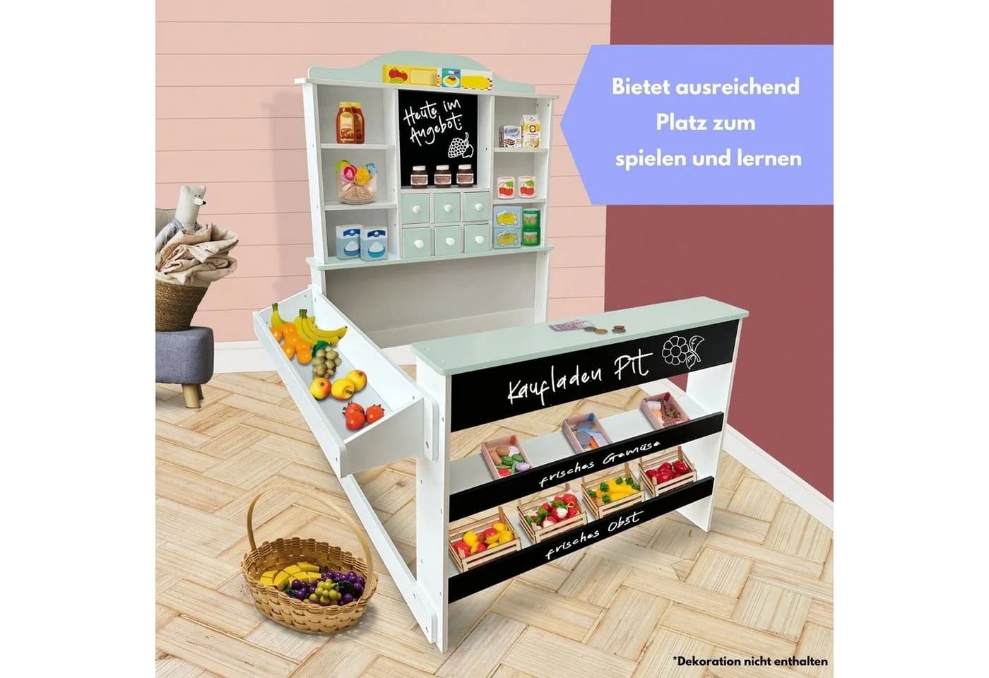 Coemo Kaufladen PIT Grün Holz mit Kreidetafel und Schubladen