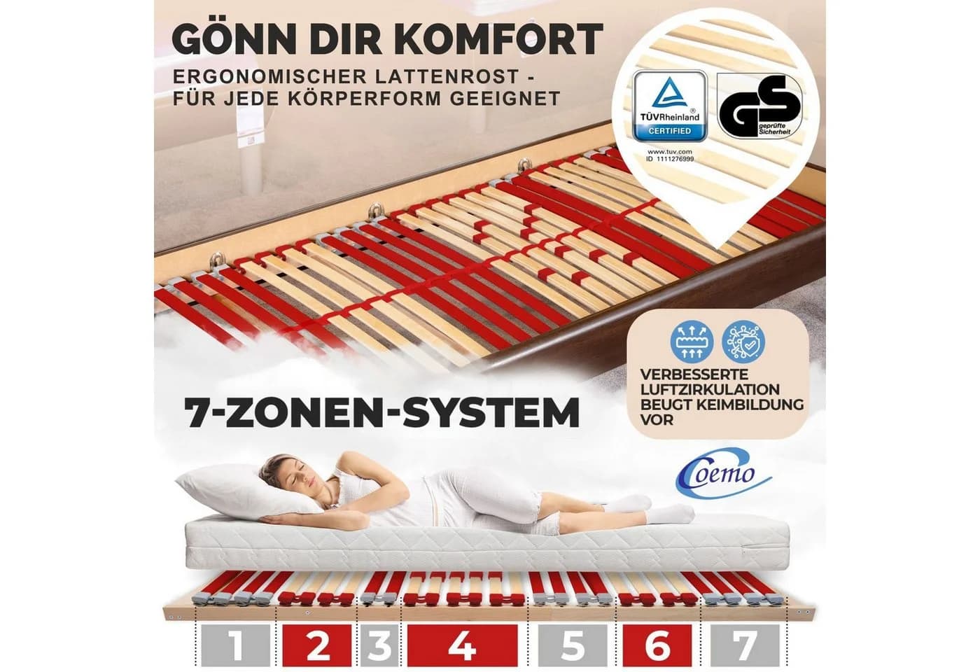 Coemo Lattenrost RUBY 7-Zonen Buche/Birke 90x200 cm