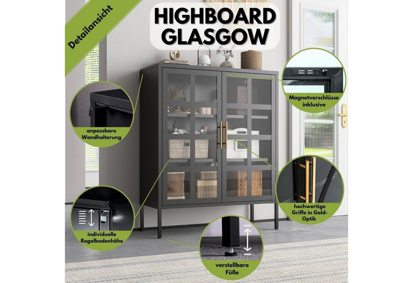 Mein-Regal Highboard GLASGOW Schwarz Metall Vitrine mit Glastüren
