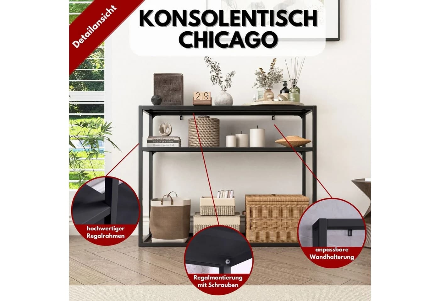 Coemo Konsolentisch CHICAGO Schwarz Metall 2 Ebenen