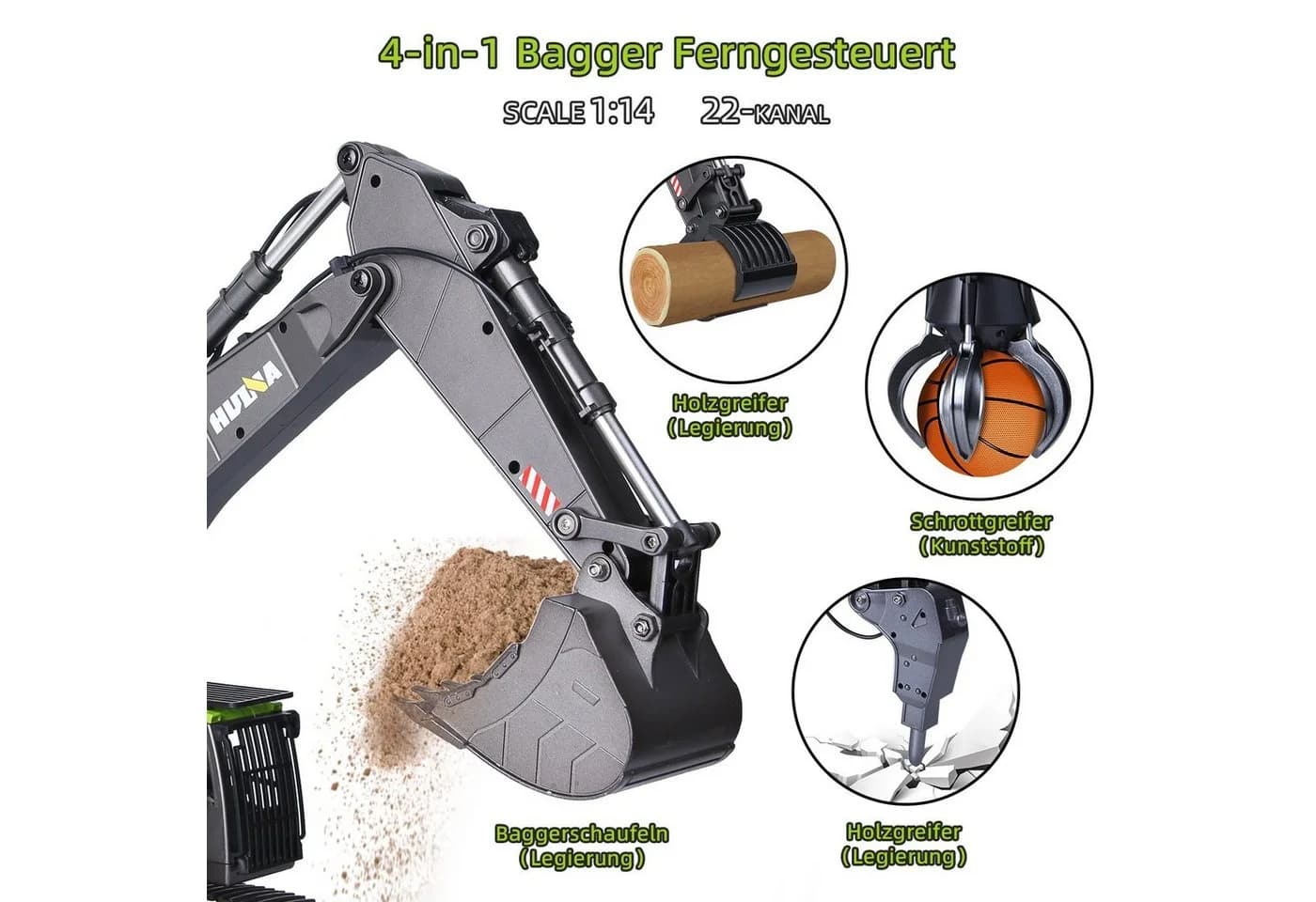 Esun RC-Bagger Ferngesteuert mit Metallschaufel und 3 Anbaugeräten