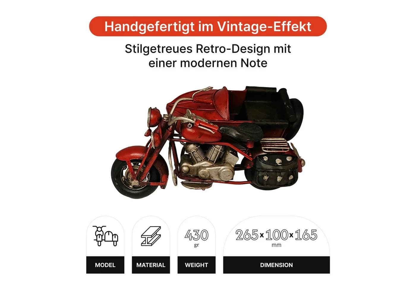 Dynasun Modellauto Car 1804D-489, Motorrad Sidecar Rot 26,5cm aus Metall, Vintage