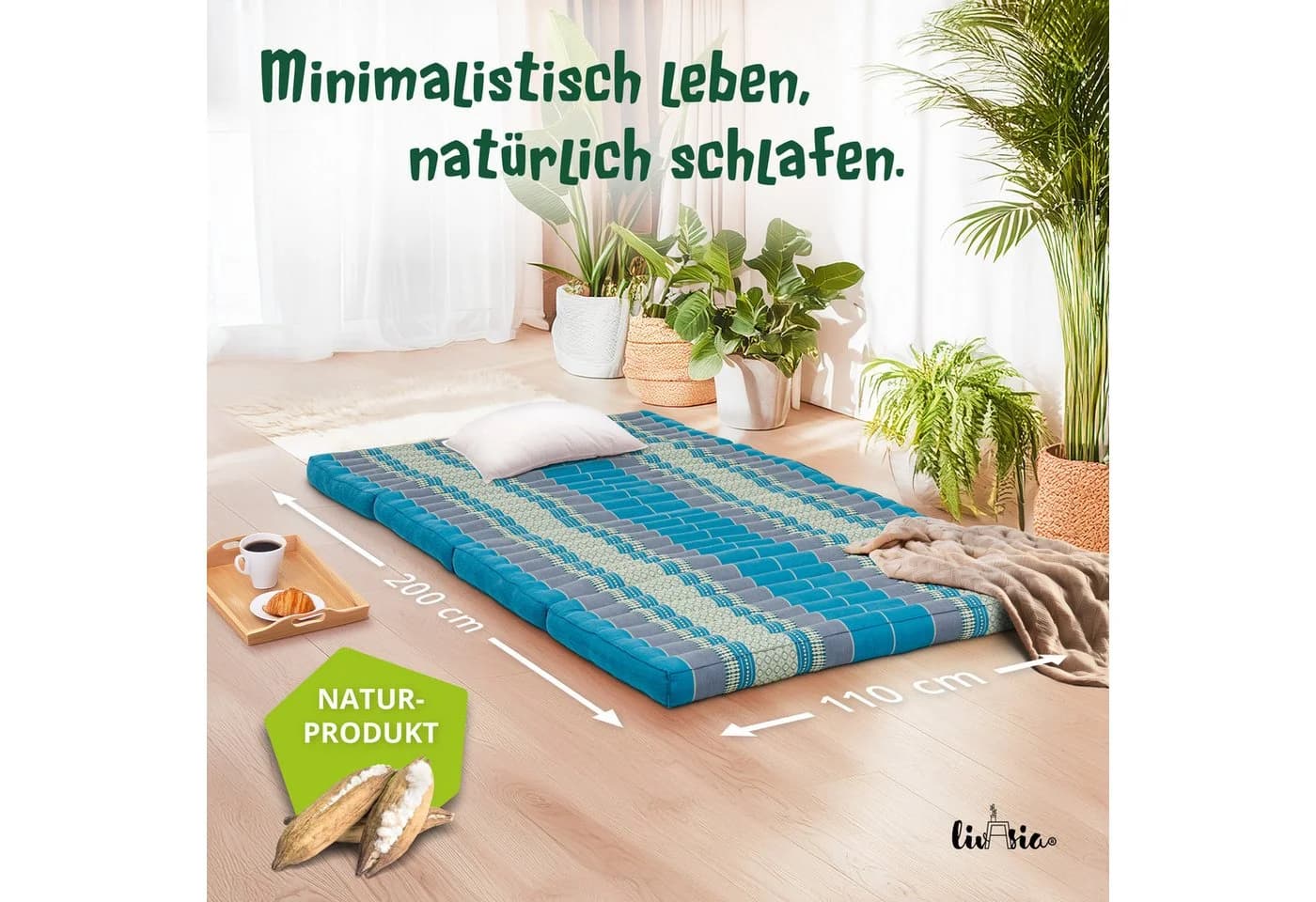 livasia Klappmatratze 110x200 cm blau Kapok vegan handgefertigt