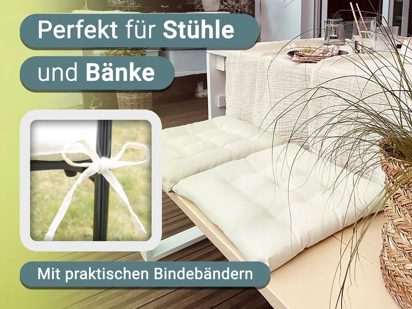 ZOLLNER Stuhlkissen 40x40 cm mit Bindebändern Creme
