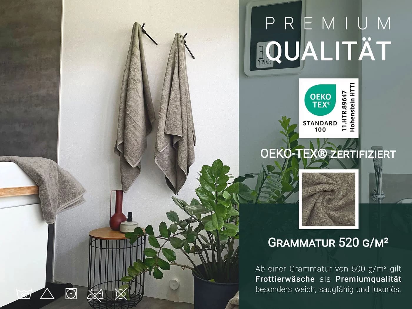 ZOLLNER Duschtücher Walkfrottier 3-Stück Braun 100% Baumwolle